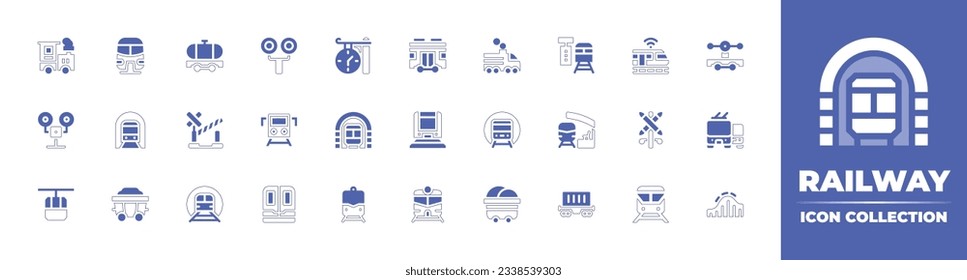 Railway icon collection. Duotone style line stroke and bold. Vector illustration. Containing train, monorail, traffic lights, clock, train platform, high speed train, draisine, traffic, and more.