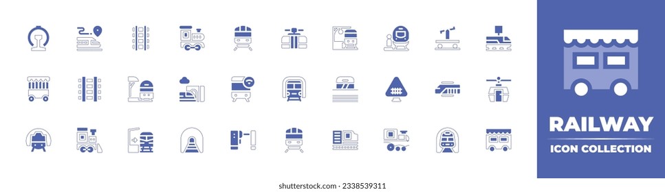 Railway icon collection. Duotone style line stroke and bold. Vector illustration. Containing railway, train, metro, cable car cabin, train station, platform, cage, tracks, high speed train, and more.