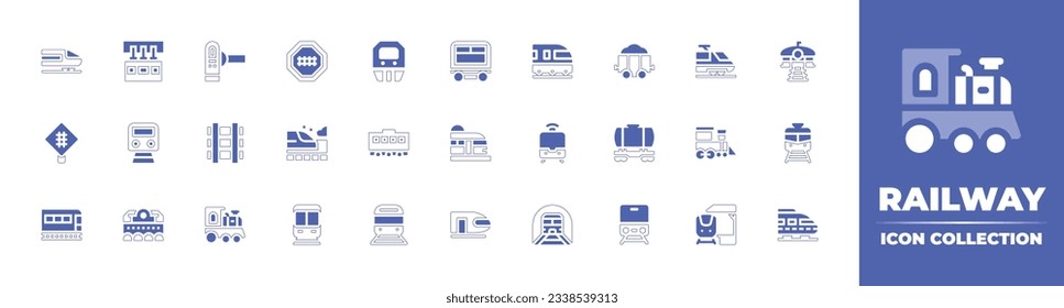 Railway icon collection. Duotone style line stroke and bold. Vector illustration. Containing high speed train, monorail, turnstile, railway, train, sleeping, carriage, train station, and more.