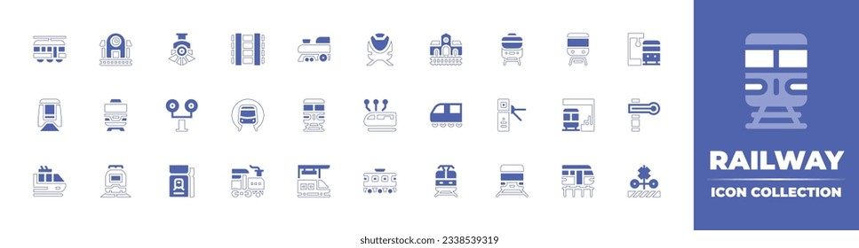 Railway icon collection. Duotone style line stroke and bold. Vector illustration. Containing tram, railroad, locomotive, tracks, train, high speed train, railway, train station, monorail, and more.