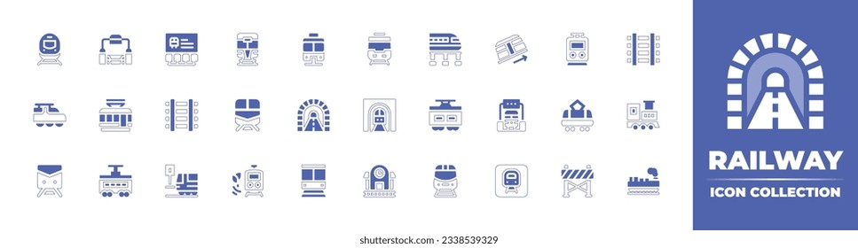 Railway icon collection. Duotone style line stroke and bold. Vector illustration. Containing train, subway, waiting room, metro, shinkansen, funicular, railroad, tramway, railway, tunnel, and more.