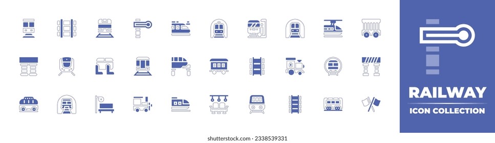 Railway icon collection. Duotone style line stroke and bold. Vector illustration. Containing train, railroad, semaphore, subway, underground, cage, buffer stop, seats, monorail, wagon, and more.