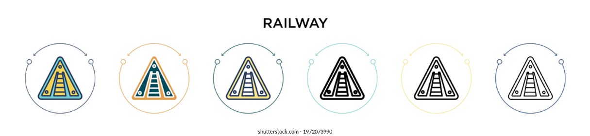 Railway icon in filled, thin line, outline and stroke style. Vector illustration of two colored and black railway vector icons designs can be used for mobile, ui, web