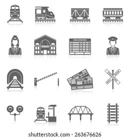 Railway icon set black with station tunnel track semaphore isolated vector illustration