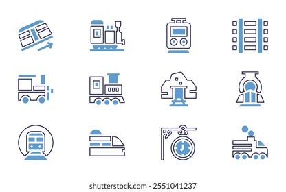 Conjunto de iconos ferroviarios. Estilo de línea en negrita. Colores duotónicos. Tren, ferrocarril, reloj, metro, plataforma del tren, mina de oro.