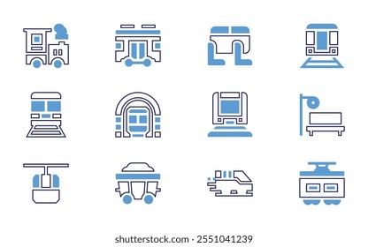 Conjunto de ícone ferroviário. Estilo de linha em negrito. Cores duotônicas. Acidente vascular cerebral editável. locomotiva, metrô, trem bala, metrô, trem, parada de trem, carruagem, assentos, funicular.