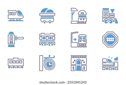 Conjunto de iconos ferroviarios. Estilo de línea en negrita. Colores duotónicos. Túnel, estación de tren, ferrocarril, tren, locomotora, plataforma, funicular, carro.