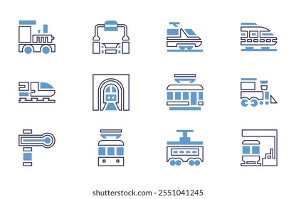 Conjunto de ícone ferroviário. Estilo de linha em negrito. Cores duotônicas. Curso editável. trem, semáforo, estação de trem, bonde, metrô, túnel, metro.