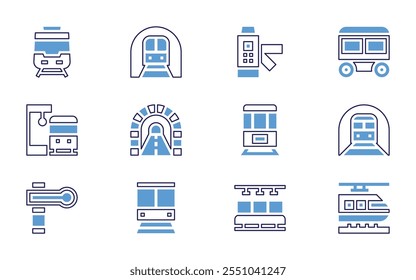 Railway icon set. Bold line style. Duotone colors. Editable stroke. seat, subway, train, turnstiles, metro, cage, train station, passenger train.