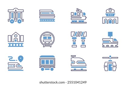 Railway icon set. Bold line style. Duotone colors. Editable stroke. clock, carriage, train, funicular, passenger train, railway station, buffer, turnstile.