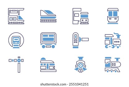 Conjunto de iconos ferroviarios. Estilo de línea en negrita. Colores duotónicos. Trazo editable. parada de tren, metro, locomotora, tren, ferrocarril, torniquete.