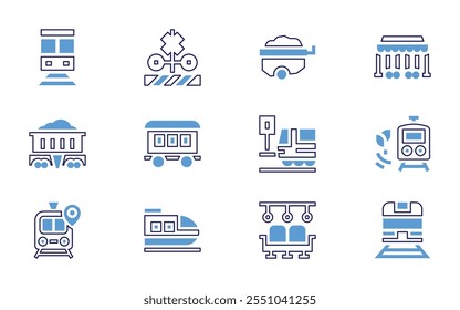 Railway icon set. Bold line style. Duotone colors. Editable stroke. subway, tunnel, tramway, train, wagon, cart, seat, semaphore, train platform, renewable energy.