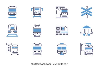 Conjunto de ícone ferroviário. Estilo de linha em negrito. Cores duotônicas. Curso editável. Estação de trem, passagem de nível, monotrilho, transporte, vagão de carga, trem, bonde, trilhos.