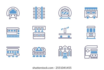 Conjunto de ícone ferroviário. Estilo de linha em negrito. Cores duotônicas. AVC editável. trem, dormir, metrô, estação de trem, vagão, trem, claro, metro.