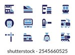 Railway icon set. Bold style. Duotone colors. train stop, subway, locomotive, train, railway, sleeping, turnstile, train station, clear.