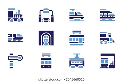 Railway icon set. Bold style. Duotone colors. train, subway, train station, tramway, tunnel, semaphore.