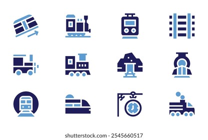 Conjunto de iconos ferroviarios. Estilo audaz. Duotone colores. tren, ferrocarril, locomotora, metro, reloj, mina de oro, funicular, metro.