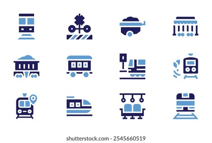 Conjunto de iconos ferroviarios. Estilo audaz. Duotone colores. tren, paso a nivel, Carrito, mina, estación de tren, tren bala, vagón, asiento, andén.