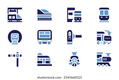 Conjunto de ícone ferroviário. Estilo negrito. Cores duotônicas. paragem de trem, metrô, locomotiva, trem, estrada de ferro, dormir, catraca, estação de trem, limpo.
