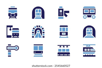 Conjunto de ícone ferroviário. Estilo negrito. Cores duotônicas. semáforo, estação de trem, metrô, túnel, metrô, trem, assento, catracas.