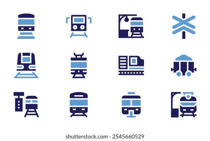 Eisenbahn-Symbolsatz. Fett. Duotonfarben. U-Bahn, Zug, Bahnsteig, Bahnhof, Bahnübergang, Einschienenbahn, Wagen, Eisenbahn, Güterwagen.