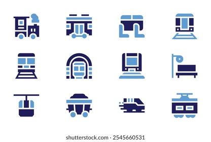 Railway icon set. Bold style. Duotone colors. bullet train, train, funicular, carriage, train stop, subway, seats.