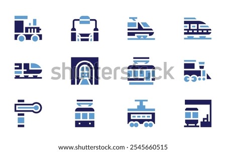 Railway icon set. Bold style. Duotone colors. train, subway, train station, tramway, tunnel, semaphore.