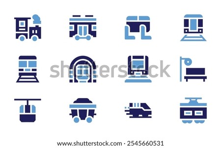 Railway icon set. Bold style. Duotone colors. bullet train, train, funicular, carriage, train stop, subway, seats.