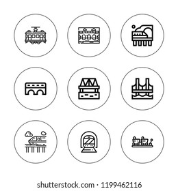 Railway icon set. collection of 9 outline railway icons with bridge, metro, train icons. editable icons.
