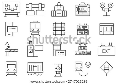 Railway icon set collection. Out line icon of electric tram, repair service, locomotive, traffic light, road, subway, timetable icon. Vector illustration.
