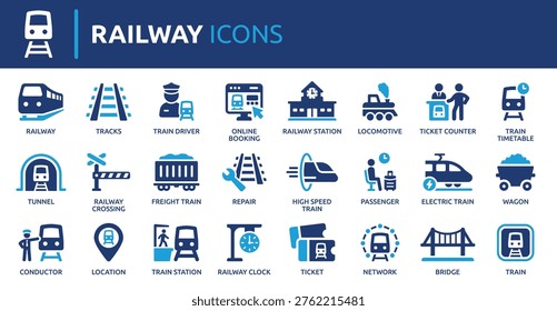 Railway icon set, contaning train, station, railroad, transportation, locomotive and track. Solid vector icon collection.