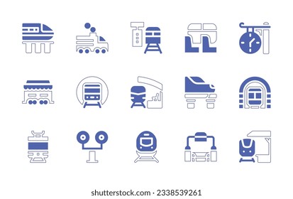 Railway icon set. Duotone style line stroke and bold. Vector illustration. Containing high speed train, train, train platform, clock, wagon, underground, railway station, traffic lights, subway.