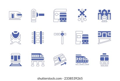 Railway icon set. Duotone style line stroke and bold. Vector illustration. Containing train, turnstile, subway, railroad crossing, train station, high speed train, railway, clear, train stop.