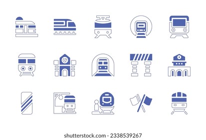 Railway icon set. Duotone style line stroke and bold. Vector illustration. Containing subway, train, high speed train, railway, metro, railway station, buffer, railroad crossing, train station.