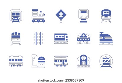 Juego de iconos de ferrocarril. Curso de línea de estilo duotónico y negrita. Ilustración vectorial. Consta de tren, locomotora, señalización, metro, tren, estación de tren, plataforma, tranvía, ferrocarril.