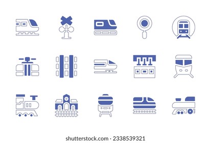 Railway icon set. Duotone style line stroke and bold. Vector illustration. Containing train, level crossing, pit stop, metro, cable car cabin, railway, high speed train, monorail.