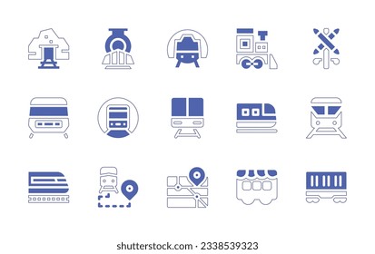 Railway icon set. Duotone style line stroke and bold. Vector illustration. Containing gold mine, train, locomotive, railroad crossing, metro, high speed train, station, cage, carriage.