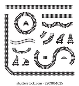 Eisenbahn-Symbol-Set, Schienensymbol, Zugspurzeichen, Piktogramm-Bürsten für Eisenbahnen, Seilbahn-Silhouette, Bahnbahnlinien, Vektorgrafik