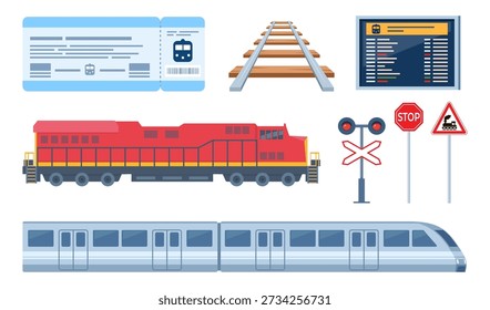 Railway icon set. Traffic lights and signs, locomotive, rails, train ticket, commuter train, train timetable.
