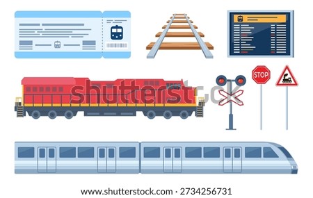 Railway icon set. Traffic lights and signs, locomotive, rails, train ticket, commuter train, train timetable.