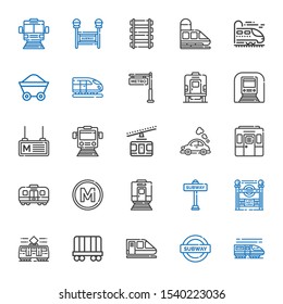 railway icons set. Collection of railway with train, subway, wagon, tram, subway entrance, metro, vehicle, cable car, underground, rail. Editable and scalable railway icons.