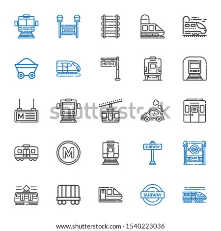 railway icons set. Collection of railway with train, subway, wagon, tram, subway entrance, metro, vehicle, cable car, underground, rail. Editable and scalable railway icons.