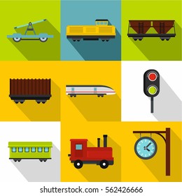 Railway icons set. Flat illustration of 9 railway vector icons for web