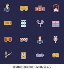 Railway icons set stikers collection vector with shadow on purple background