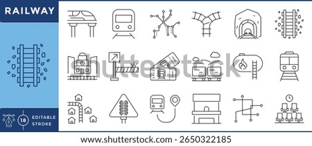 Railway icons set. Train, station, track, symbol, cargo, ticket, counter, subway, and many more. Vector editable stroke.