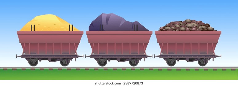Railway industrial transport. Trolleys with sand, coal and iron ore. Vector illustration