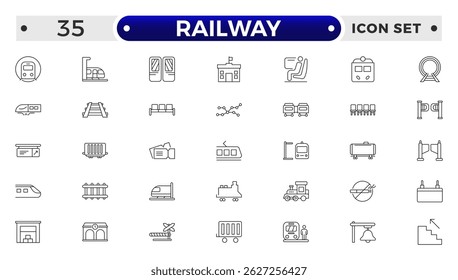 Railway industry outline icons set. Railroad company. Rail transport. Train station. Customizable thin line symbols. 
