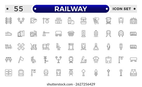 Railway industry outline icons set. Railroad company. Rail transport. Train station. Customizable thin line symbols. 
