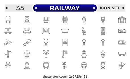 Railway industry outline icons set. Railroad company. Rail transport. Train station. Customizable thin line symbols. 
