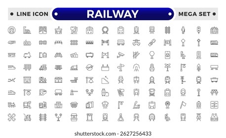 Railway industry outline icons set. Railroad company. Rail transport. Train station. Customizable thin line symbols. 
